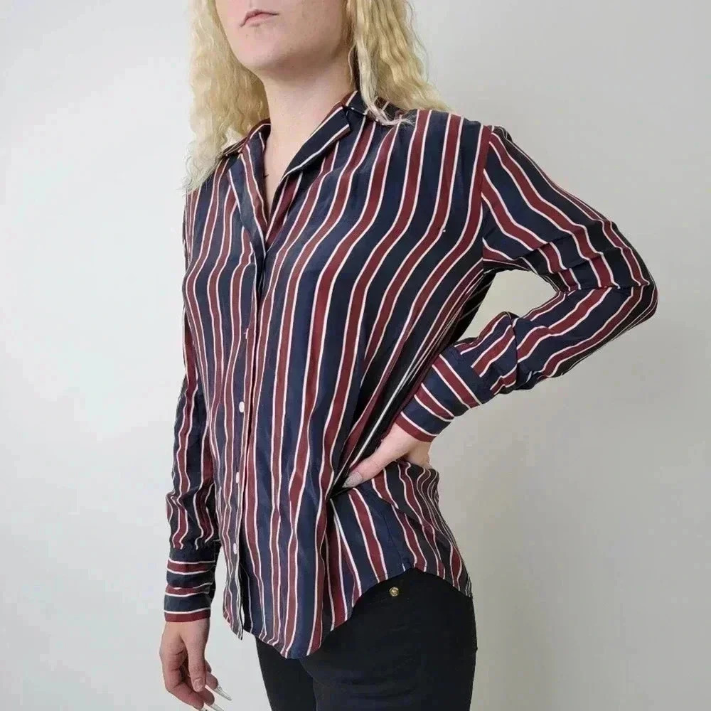Frame Silk Striped Button Down Long Sleeve Shirt -  S - Picture 6 of 8